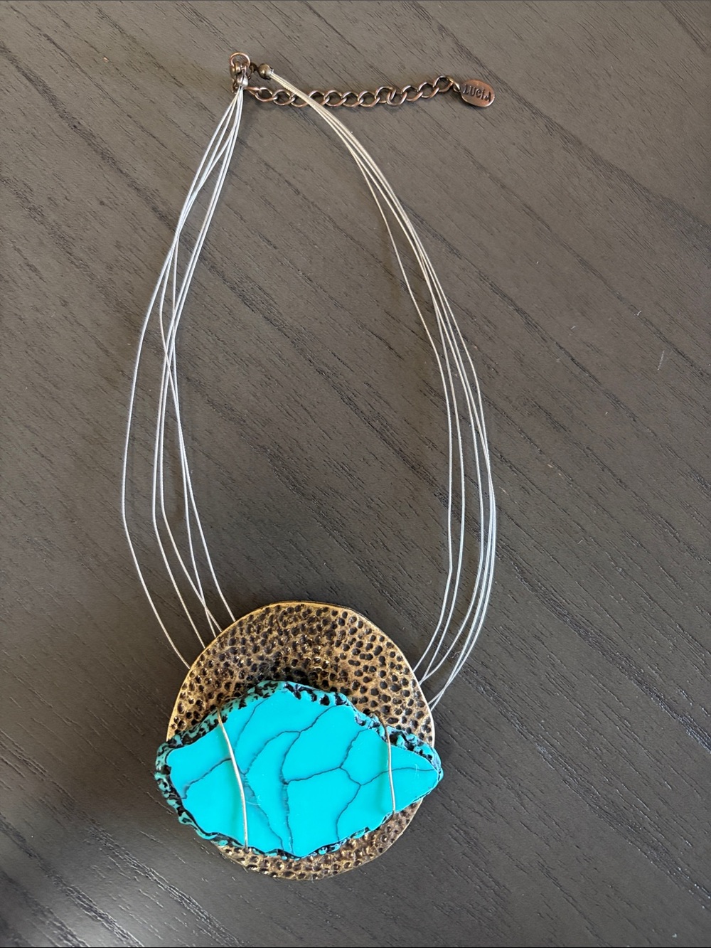 Turquoise Stone Pendant Necklace with Mixed Metal Multistrand Cords